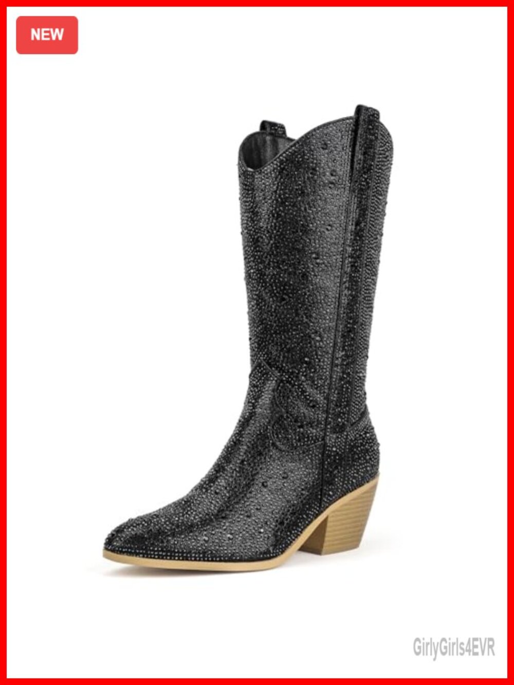 Rhinestone Mid Calf Western Cowgirl Boots Pointed Toe Block Heel